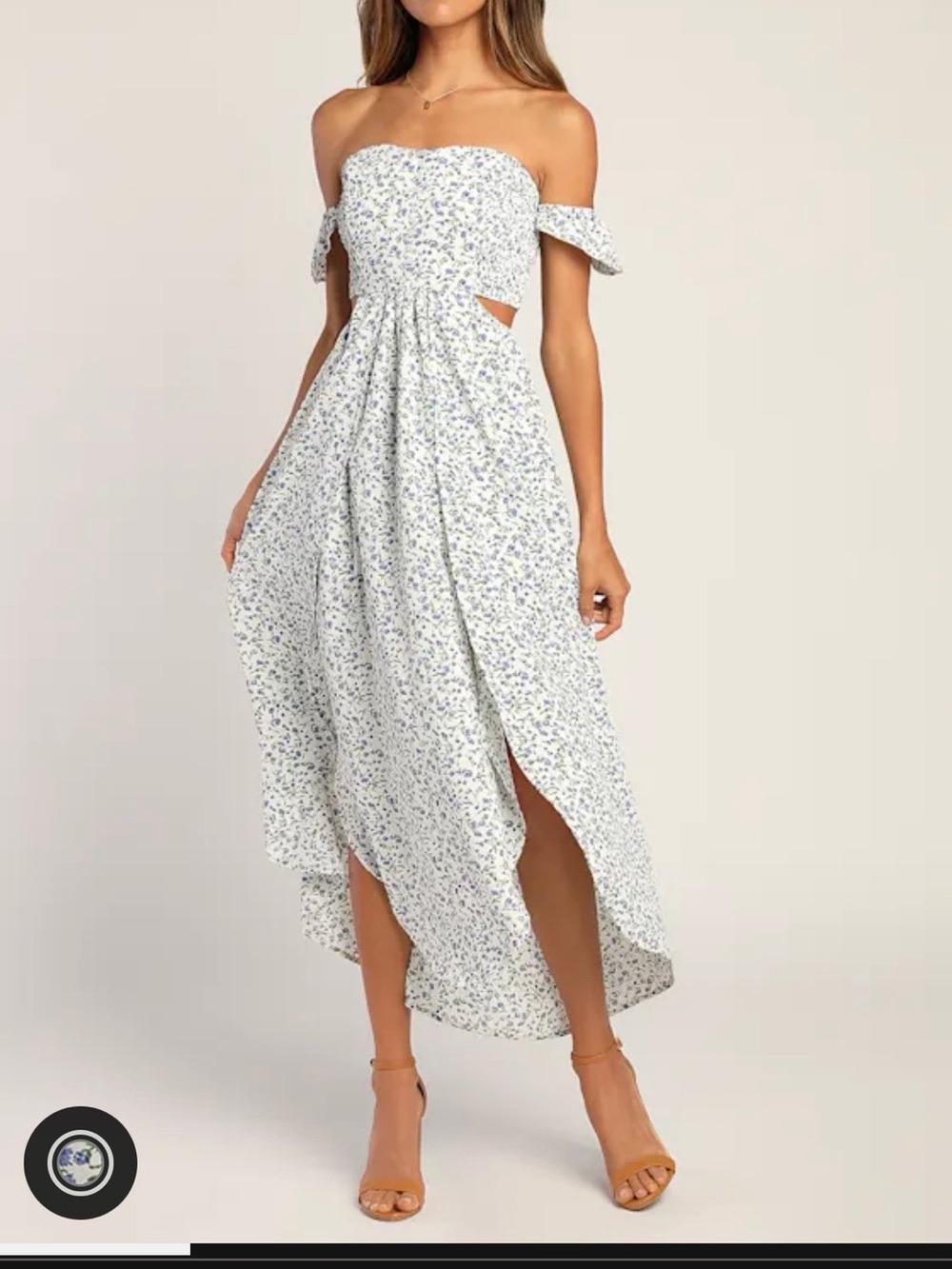 Lulu's White Strapless Floral Midi Dress with Blue Ditsy Print